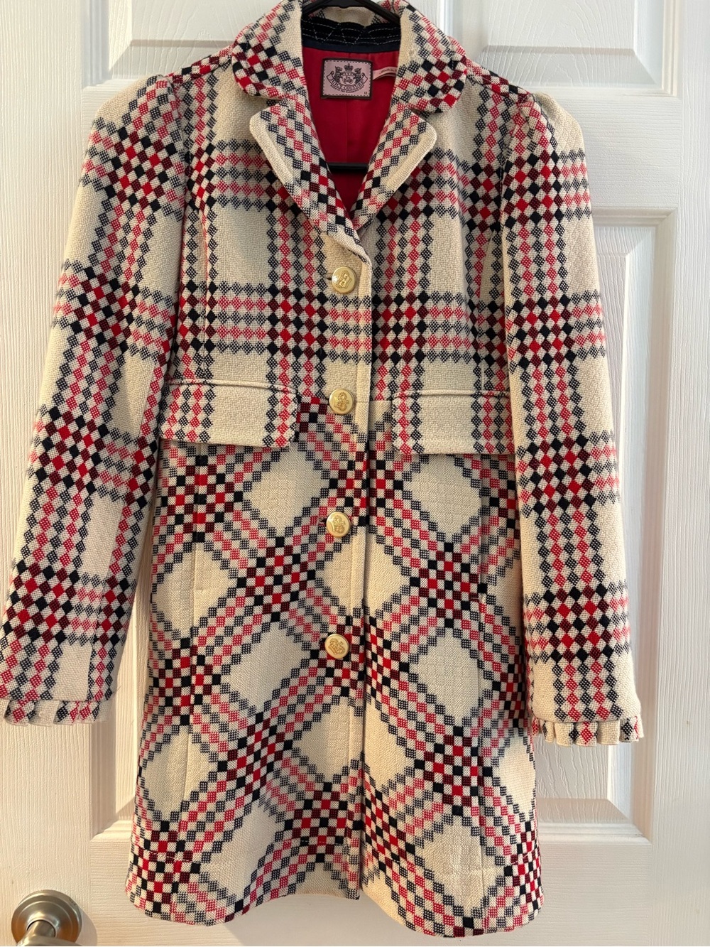 Juicy Couture Cream Plaid Riding Coat with Red & Black Accents
